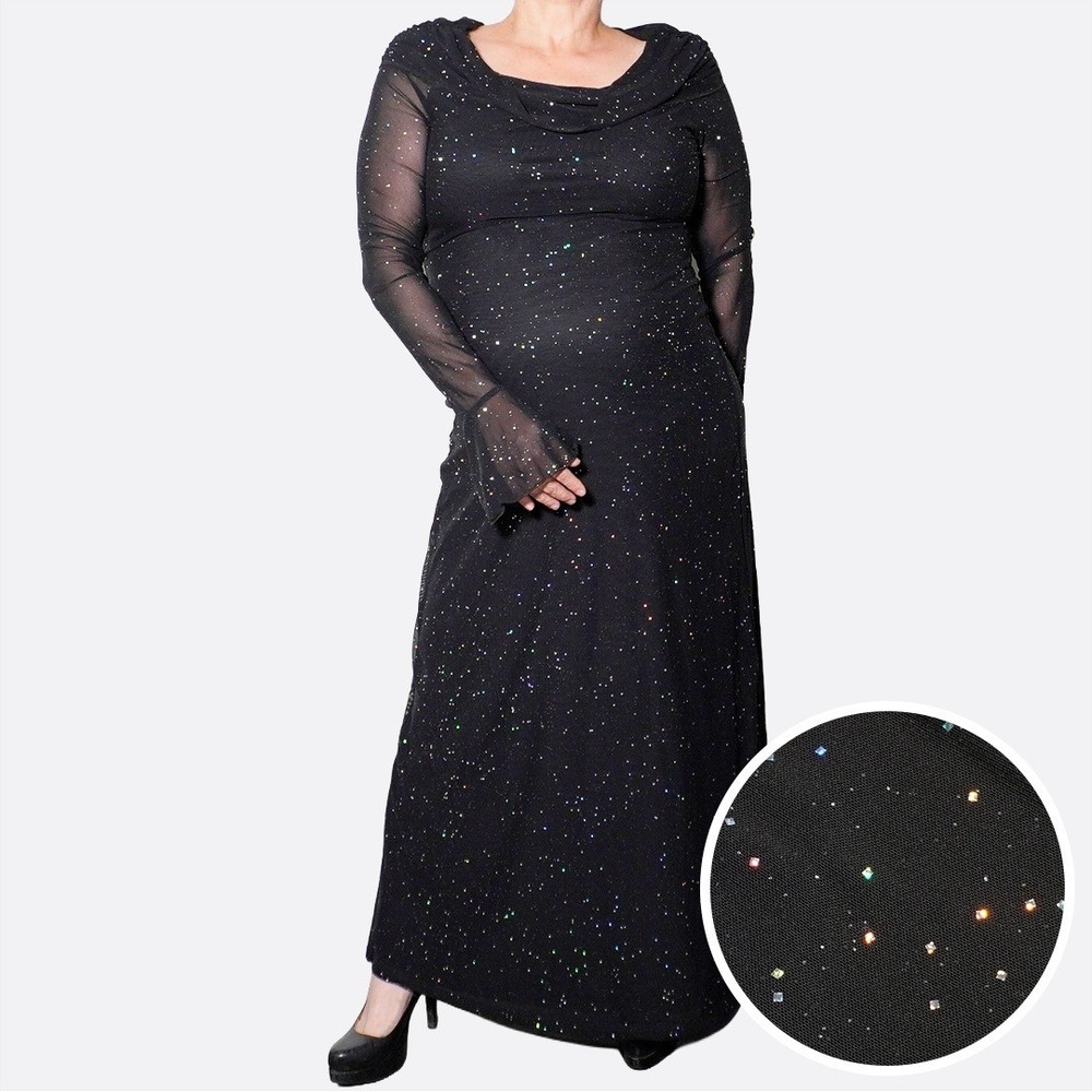 Black Mesh‎ Sparkle Starburst Long Sleeve Maxi Dress Gown Plus Size Evening Gala